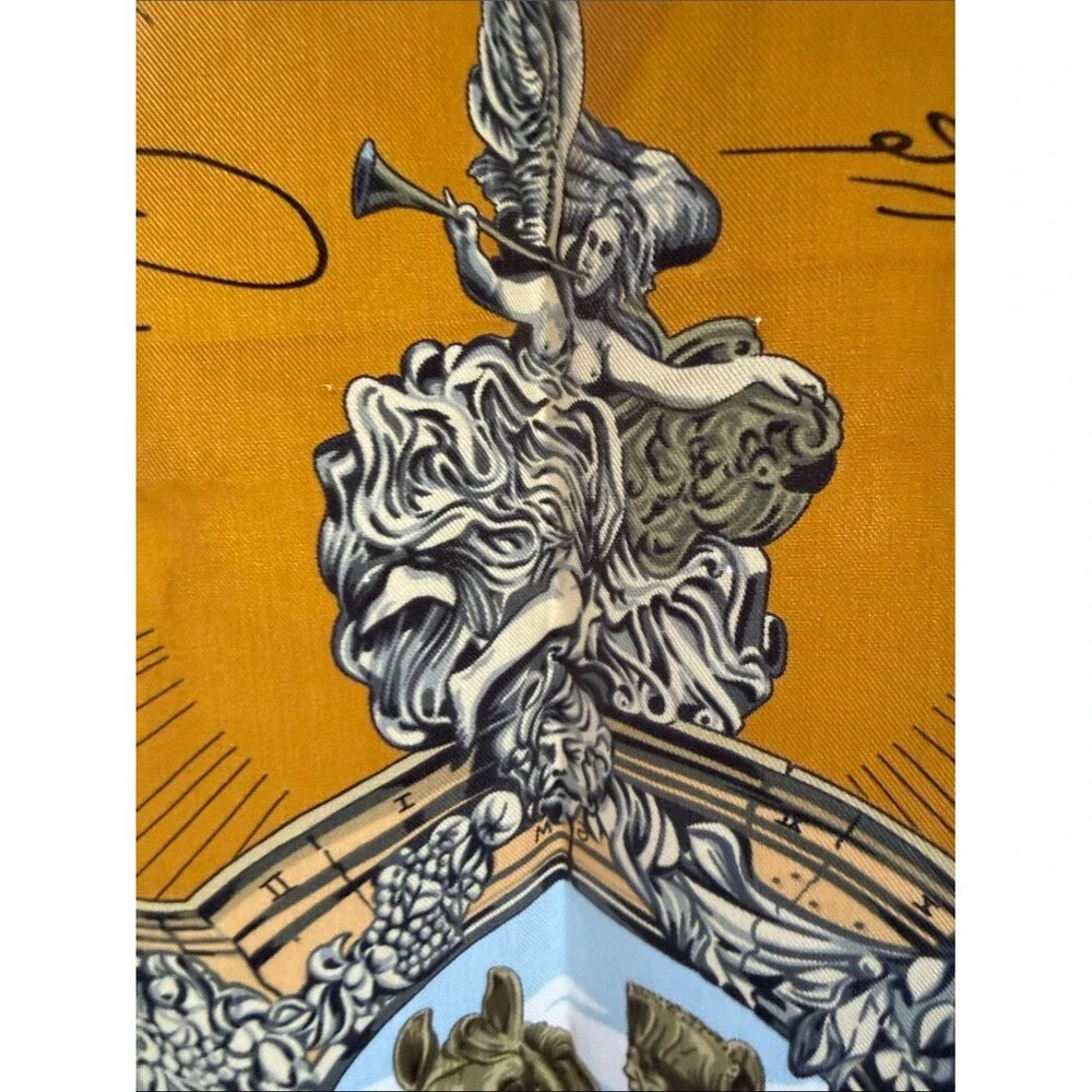 Vintage Herme’s Silk Scarf Palace Scene in Navy, Gold, Cream 34x34